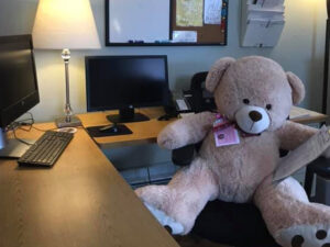 A stuffed bear pretending to work in front of a computer.